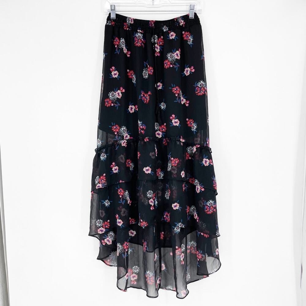 Express Hi Lo Black Floral Ruffle Skirt Size Medium